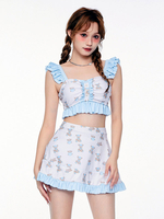 Maillot De Bain Mignonne Lolita Bleu Ciel Clair Volants Imprimé Floral Jupe Sans Manches Pantalon Haut