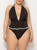 Maillots de bain grande taille pour femmes Noir Polyester Col en V à lacets Sexy Monokini Maillot de bain