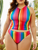 Maillots de bain grande taille pour femmes Stripes Red Polyester Crewneck Beach Swimsuit