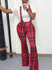 Maman Jeans Femmes Salopette Bleu Zipper Jarretelles Pantalon Coton Mélange Layered Plaid Skinny Leg Pants