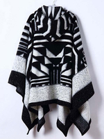 Manteau à Capuche Cape Châle Femme Imprimé avec Manches Courtes Poncho Femme Noir