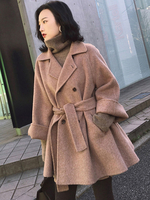Manteau Blazer Femmes à Col Revers Ceinturé Fermeture avec Boutons Manches Longues Amples Bas Evasée Unicolore Manteau Femmes