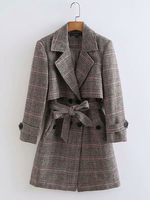 Manteau Blazer Femmes Hivers Carreaux à Col Revers avec Manches Longues Ceinturé à Lacets avec Poches Bicolores Manteau Blazer Femmes Hivers
