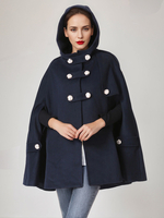 Manteau cape à capuche en laine mélangée bleu marine foncé à double boutonnage surdimensionné poncho dhiver pour femme 2025