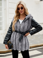 Manteau écologique à capuche avec ceinture et patchwork - Veste dhiver chic