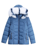 Manteau dhiver bleu à manches longues avec fermeture à glissière à capuche en fausse fourrure