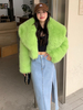 Manteau en fausse fourrure à manches longues et col rabattu pour femme élégant vert herbe