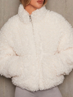 Manteau en Fausse Fourrure Court Femme à Zip à Col Montant avec Manches Longues Unicolore