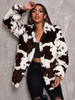 Manteau en Fausse Fourrure Imprimé Court à Col Revers avec Manches Longues Bicolores Manteau Femme