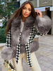 Manteau en Fausse Fourrure Imprimé Court Femme avec Manches Longues Coupe Cintrée à Lacets Bicolores Manteau Femme