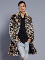 Manteau En Fausse Fourrure Long Léopard Homme Manches Longues Chaud Hiver Col Rabattu Capuche