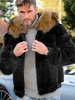 Manteau En Fausse Fourrure Noir Homme Manches Longues Chaud Hiver Col Rabattu Capuche