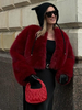 Manteau en fausse fourrure rouge à manches longues et taille haute pour femme