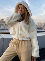 Manteau en Fausse Fourrure Taille Haute à Capuche Femme avec Manches Longues à Zip Unicolore