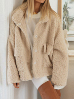 Manteau en Fausse Fourrure Teddy Femme Court à Col Revers avec Manches Longues avec Poches avec Boutons Unicolore