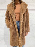 Manteau en Fausse Fourrure Teddy Femme Mi-long à Col Revers avec Manches Longues avec Poches Unicolore