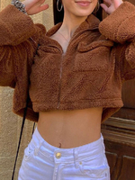 Manteau en Fausse Fourrure Teddy Femme Taille Haute avec Manches Longues à Col Revers avec Poches Unicolore