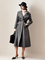 Manteau en laine de style britannique pour femme avec ceinture et grand revers à motif à chevrons 2025