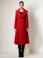Manteau en laine mélangée rouge pour femme croisé grand col châle hiver ligne A évasé mi-long vêtements dextérieur 2025
