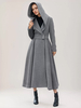 Manteau en laine évasé pour femme à capuche gris ceinturé coupe trapèze hiver long vêtements d