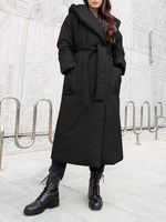 Manteau en Matelassé Long Femme à Capuche avec Manches Longues Coupe Cintrée à Lacets avec Manches Longues Unicolore