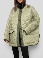 Manteau en Matélassé Court Femme à Col Rond avec Manches Longues avec Boutons Pressions Unicolore