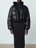 Manteau en Matélassé Verni Court Femme avec Manches Longues à Boutons Pressions Unicolore