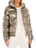 Manteau en Matélassé Verni Court Femme avec Manches Longues à Capuche à Zip Unicolore