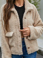 Manteau Fausse Fourrure Court Femme Teddy àCol Revers avec Manches Longues avec Boutons Unicolore