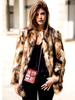 Manteau Fausse Fourrure Femmes Imprimés Court avec Manches Longues avec Poches Tricolores Manteau Hiver