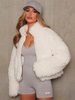Manteau Fausse Fourrure Teddy Femmes Hiver Court à Col Montant avec Manches Longues Fermeture à Zip Unicolore