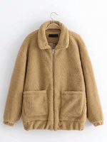 Manteau Fausse Fourrure Teddy Femmes Hiver Court à Col Rever avec Manches Longues avec Poches Unicolore