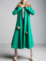 Manteau Femme Bleu Vert Col Roulé Manches Longues Pom Poms Manteau Enveloppé Bohémien