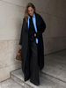Manteau Femme Col Rabattu À Lacets Décontracté Manteau Long Noir Ceinture Poches