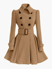 Manteau Femme Hiver Ceinturé à Col Revers Blanc et Noir Fermeture à Boutonnage Croisé Bas Evasée Manteau Hiver Femme