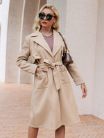 Manteau Femme Mi-long à Col Revers avec Manches Longues Coupe Cintrée à Lacets avec Poches Unicolore