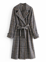 Manteau Femmes Hiver Long Carreaux à Col Revers avec Manches Longues Coupe Cintrée à Lacets avec Noeud Bas Evasée Bicolores