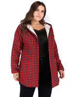 Manteau grande taille pour les femmes rouge à capuche décolleté à manches longues boutons coton Polyester motif à carreaux manteaux surdimensionnés
