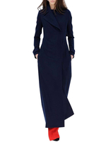 Manteau Long Femme en Laine Mélangée à Col Revers avec Manches Longues avec Poches Coupe Cintrée avec Boutonnages Bleu Foncé Unicolore