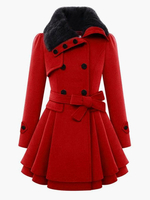 Manteau Long Femme Hiver à Col Montant en Fausse Fourrure Synthétique Fermeture à boutonnages Ceinturé Bimatières Bas Evasée Manteau Hiver Femme