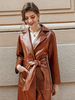 Manteau Long Femmes Hiver à Cuir Synthétique Vernis Ceinturé à Lacets à Col Revers avec Poches Manteau Long Femmes Hivers