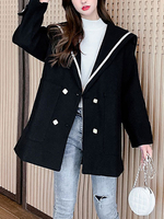 Manteau Long Hiver Femme avec Col à Revers abattu à Lacets avec Boutons et Liseré Contrastant Marine Manteau Hiver Femme Cape Femme