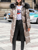Manteau Matelassé Chaud comme Doudoune Confectionné Femme Hiver Vernie Longue Bouffants à Capuche Ceinturé Fausse Fourrure Synthétique avec Poches et Bouton Manteau Hiver Femme
