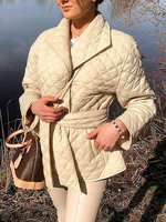 Manteau Matelassé Chaud comme Doudoune Femme Court Hiver à Col Revers Ceinturé avec Poches Unicolore Manteau Hiver Femme