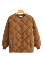 Manteau Matelassé Chaud comme Doudoune Femme Hiver à Col Montant Court avec Poches et Bouton Unicolore Marron Manteau Hiver Femme