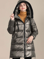 Manteau Matelassé Chaud comme Doudoune Femme Hiver Vernis Bouffants à Capuche Avec Poches à Zip Manteau femme