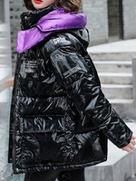 Manteau Matelassé Chaud comme Doudoune Vernis Femme Hiver Bouffants à Capuche Avec Poches avec Boutons-pressions Manteau femme