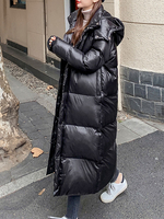 Manteau Matelassé Comme Doudoune Long Verni Femme avec Manches Longues à Capuches à Zip Unicolore Manteau Femme
