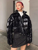 Manteau Matelassé Comme Doudoune Verni Femme Court à Col Montant avec Manches Longues à Zip Unicolore