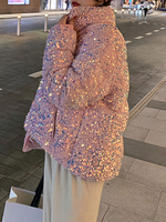 Manteau Matelassé Court en Paillettes Comme Doudoune à Col Montant avec Poches Manteau Femme